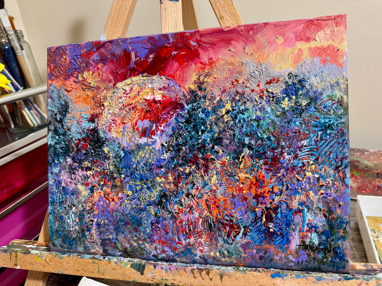 Original Oil Painting 9x12" – Blood Red Moon Gothic Night Forest – Pine Tree Wall Art Witchy Textured Expressionist Nature Artwork