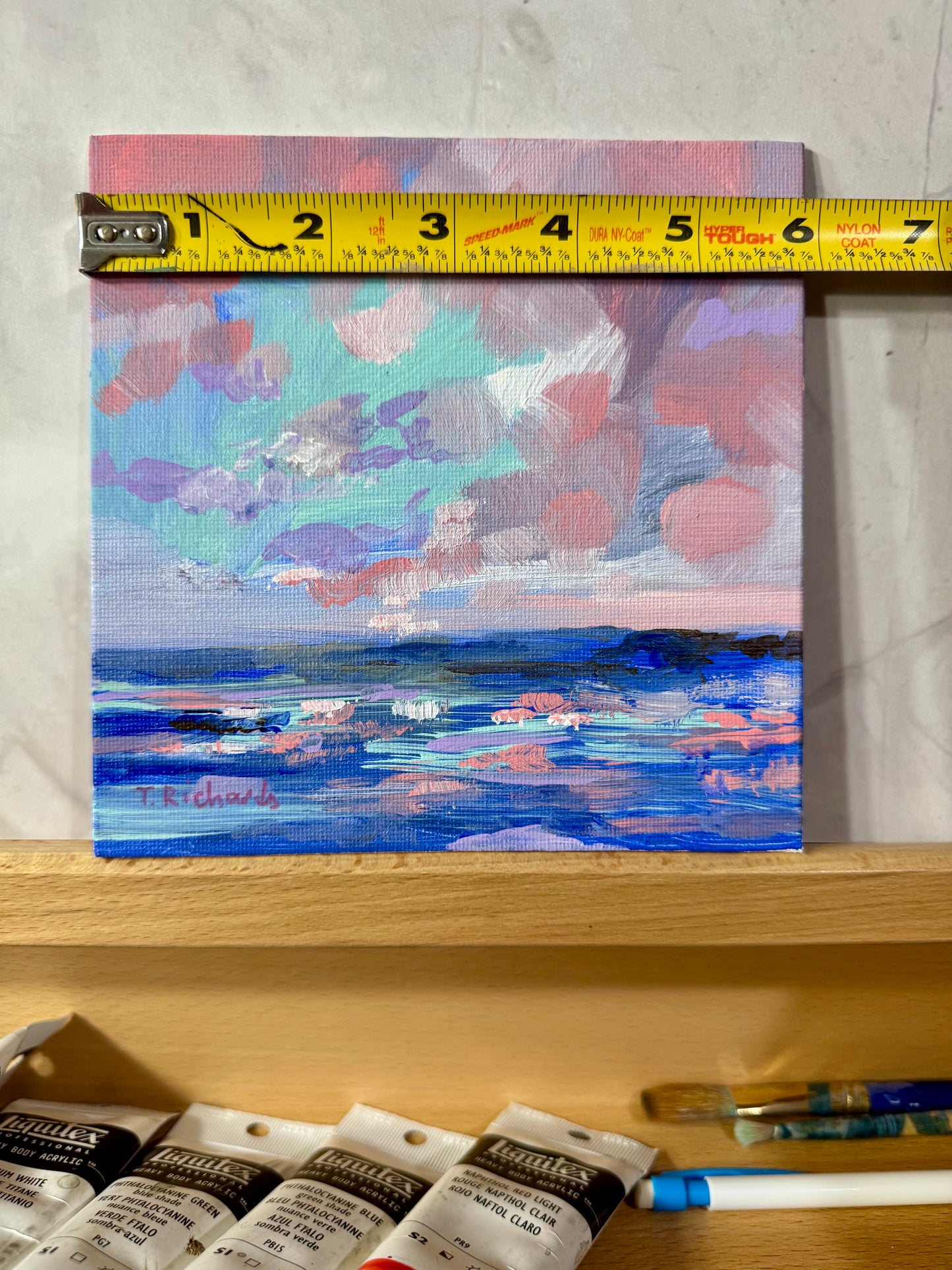 Ocean Acrylic Painting 6x6, Original Seascape Art, Sunset Nature Artwork