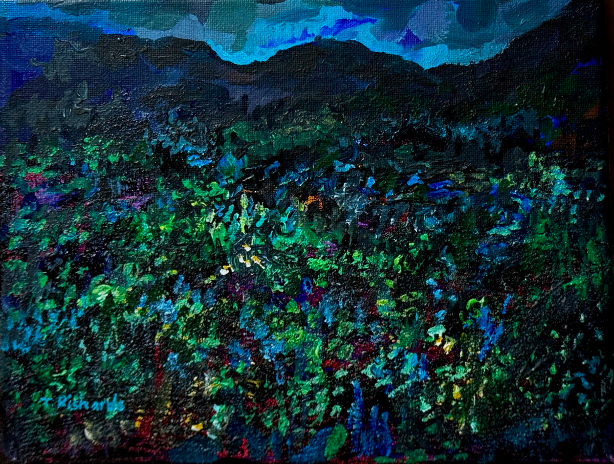 Blue Hour Acrylic Painting 8x10", Original Art Wildflower Night Field Landscape
