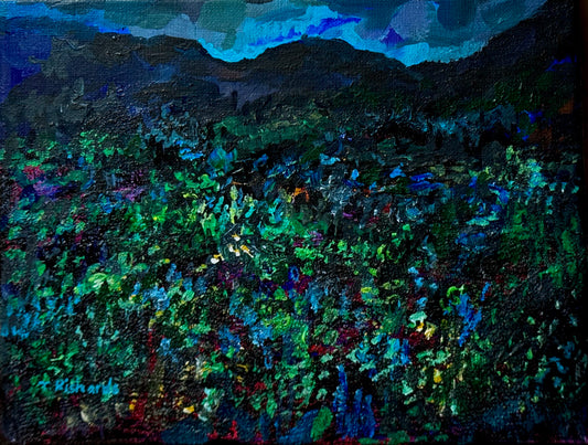 Blue Hour Acrylic Painting 8x10", Original Art Wildflower Night Field Landscape