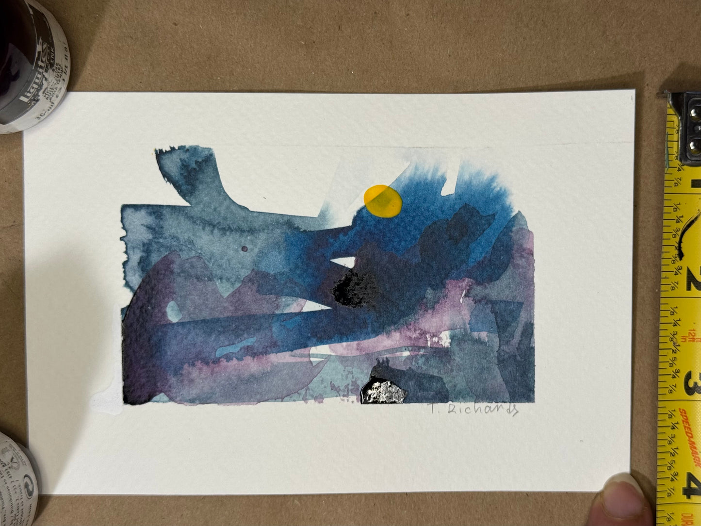 Blue Hour Abstract Painting Original Art Night Landscape, Acrylic on Paper 4x6”