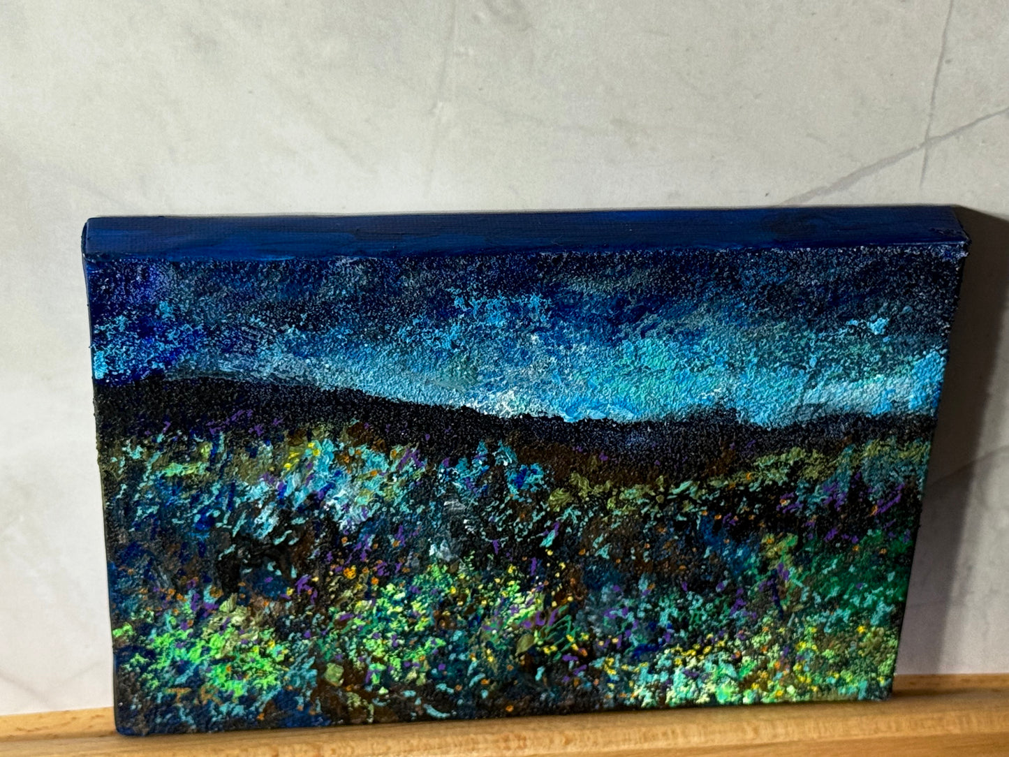 Blue Hour Acrylic Painting 5x7", Original Art Wildflower Night Field Prairie Landscape Wall Art