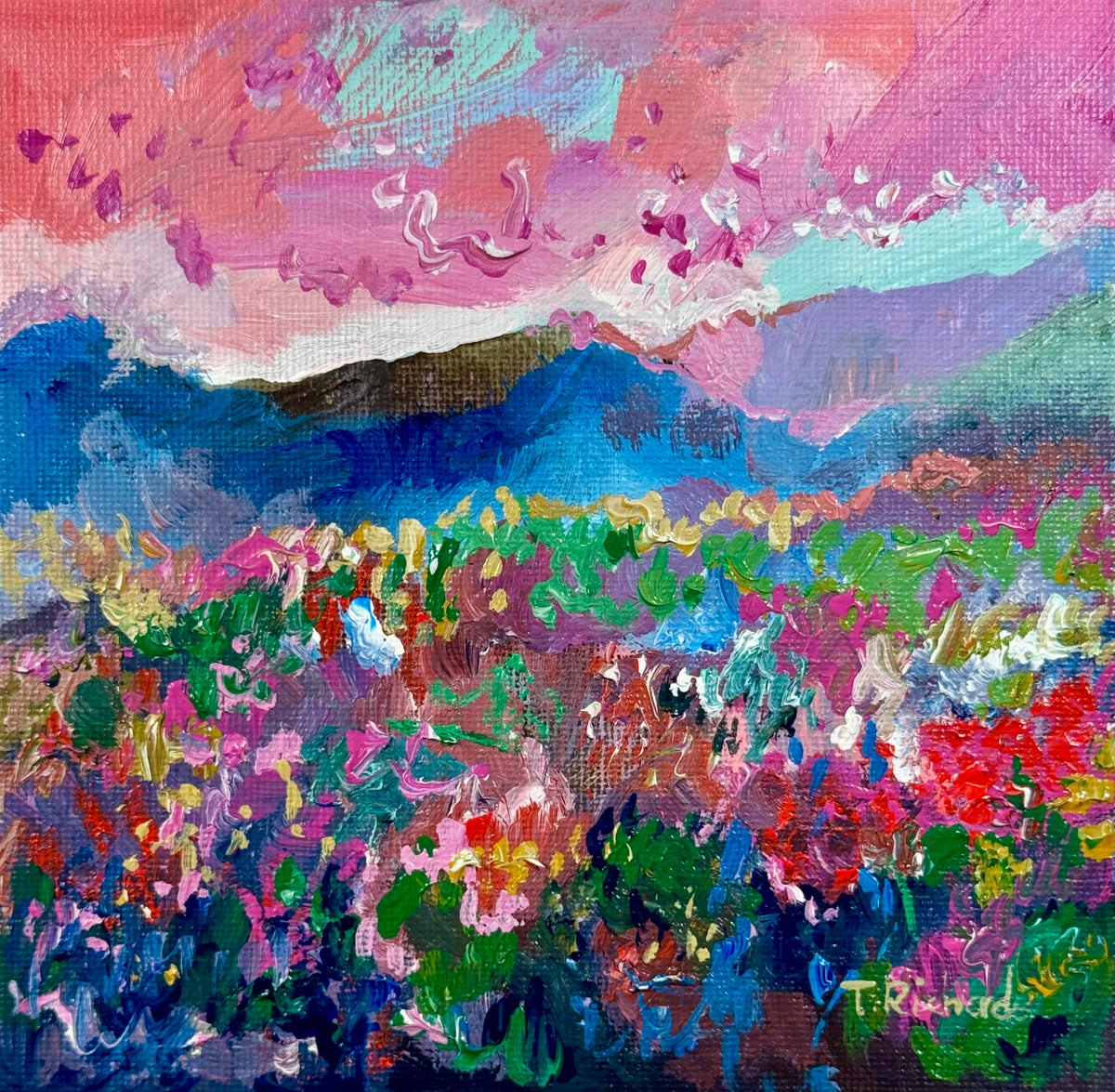 Blueberry Field Acrylic Painting 6x6", Maine Original Art, Landscape Artwork