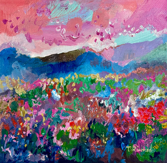 Blueberry Field Acrylic Painting 6x6", Maine Original Art, Landscape Artwork