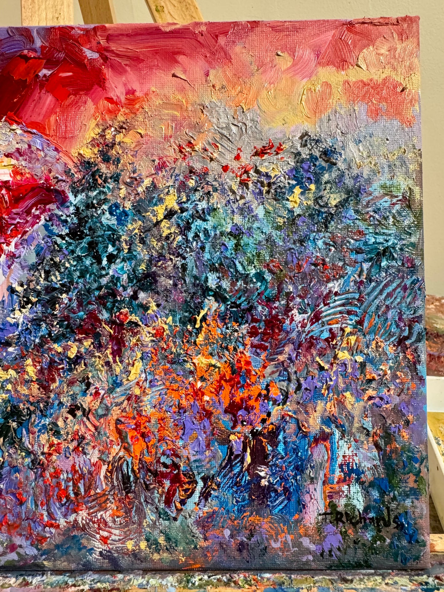 Original Oil Painting 9x12" – Blood Red Moon Gothic Night Forest – Pine Tree Wall Art Witchy Textured Expressionist Nature Artwork