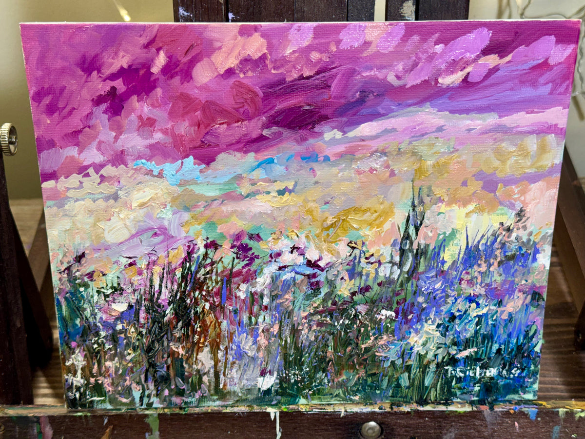 Purple Sunset Wildflower Field, 8x10" Original Art Oil Painting, Landscape Meadow