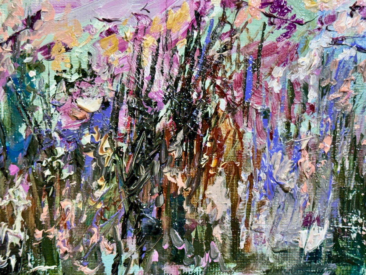 Purple Sunset Wildflower Field, 8x10" Original Art Oil Painting, Landscape Meadow