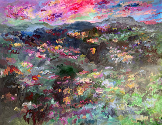 Red Sunset Landscape Acrylic Painting, Original art, Mountains and Fields, Extra Large Unstretched Canvas, Handmade Wall Art, Nature Scene