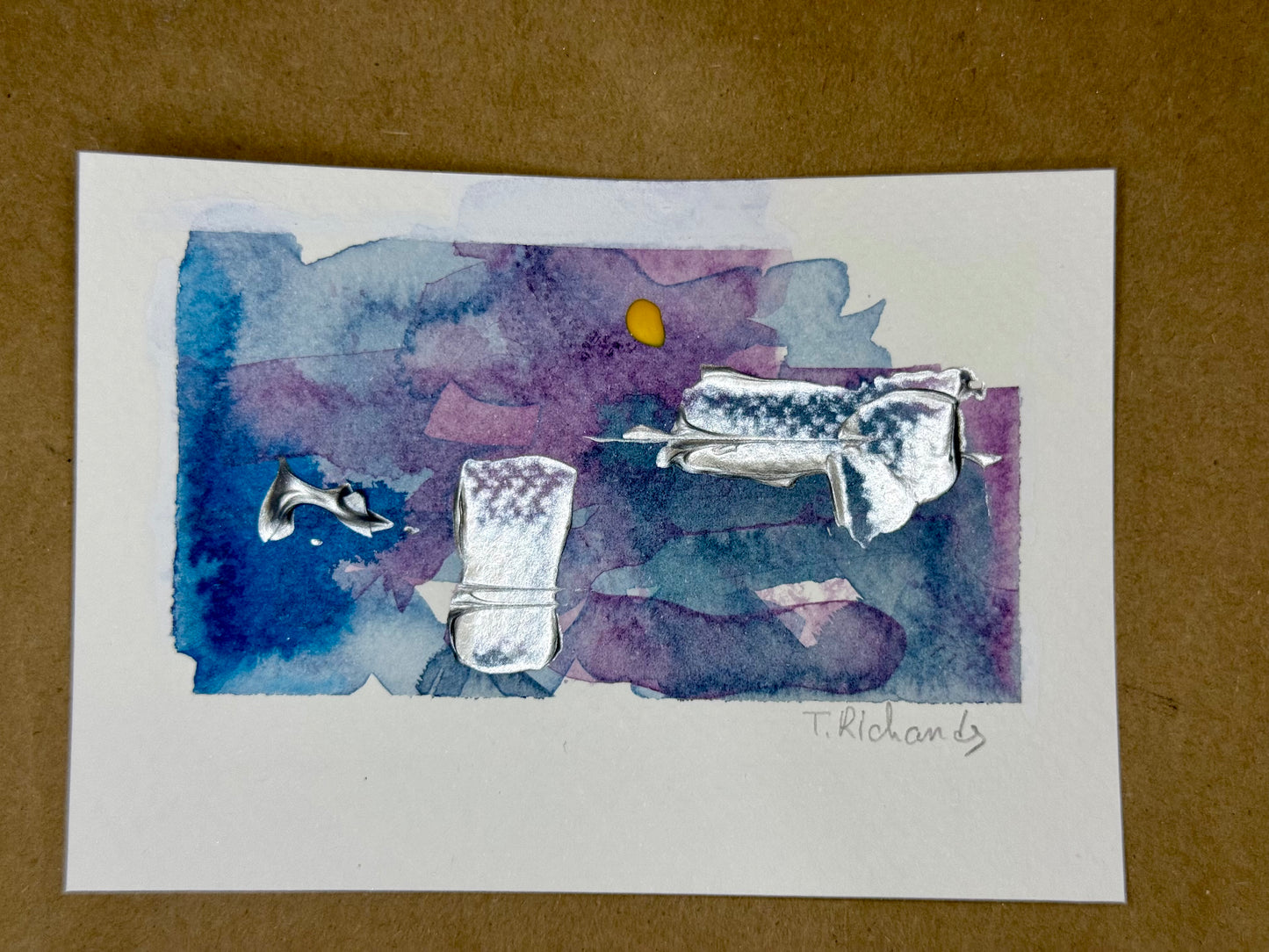 Blue Hour Abstract Painting Original Art Night Landscape, Acrylic on Paper 3.5x5”