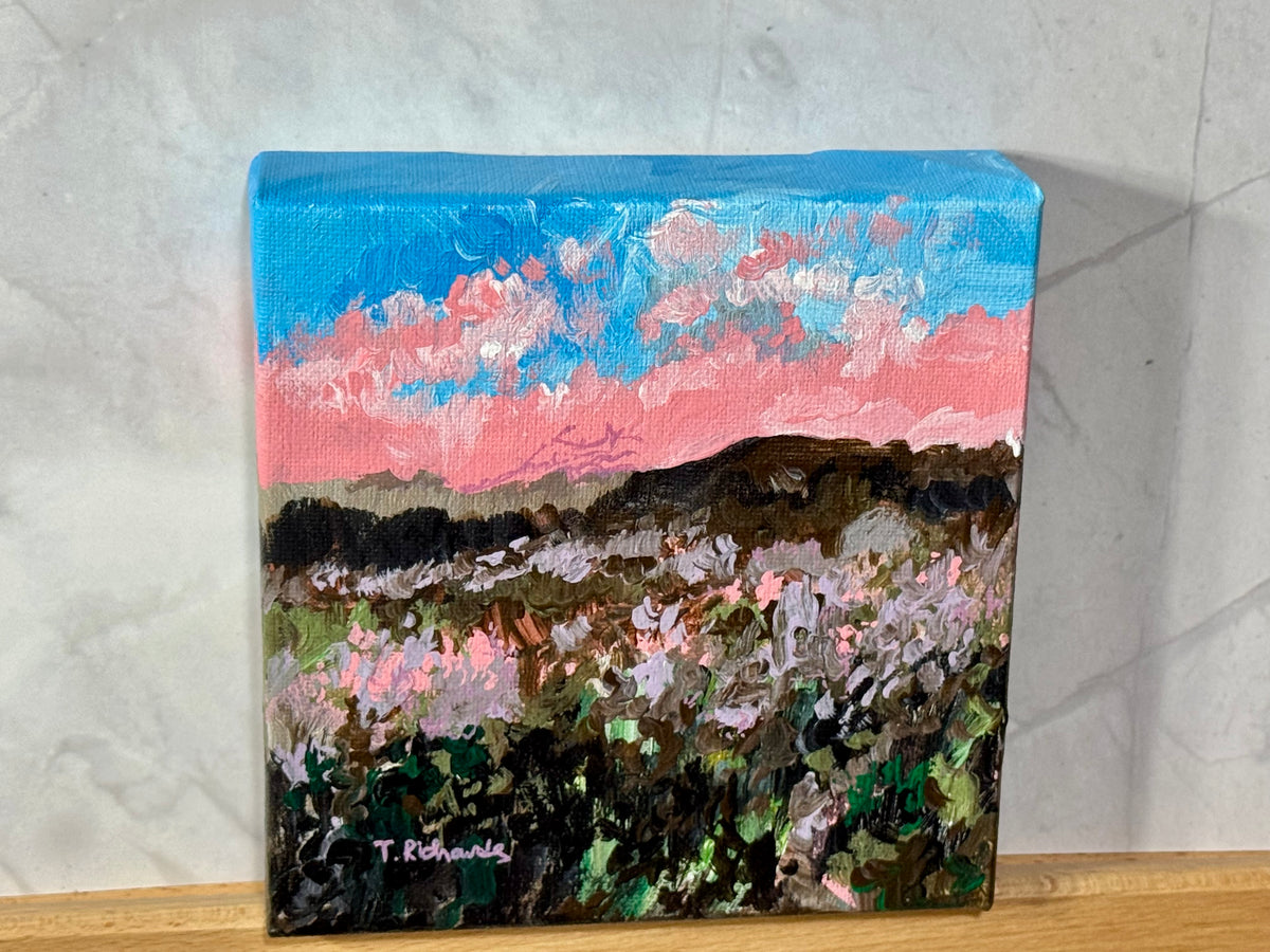 Pink Sunset Acrylic Painting 6x6, Original Art Landscape, Flower Field Wall Art, Meadow Artwork