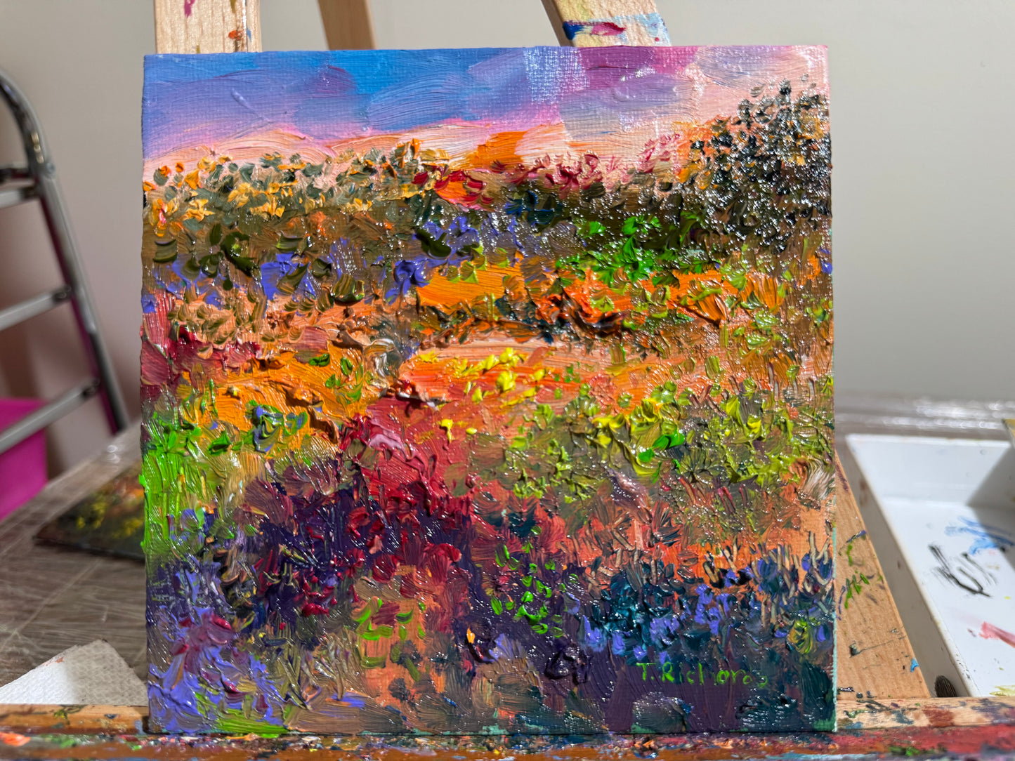 Sunset Forest Oil Painting, Original Art 6x6, Wildflower Field Landscape Panel, Moody Sky Wall Art, Small Nature Gift