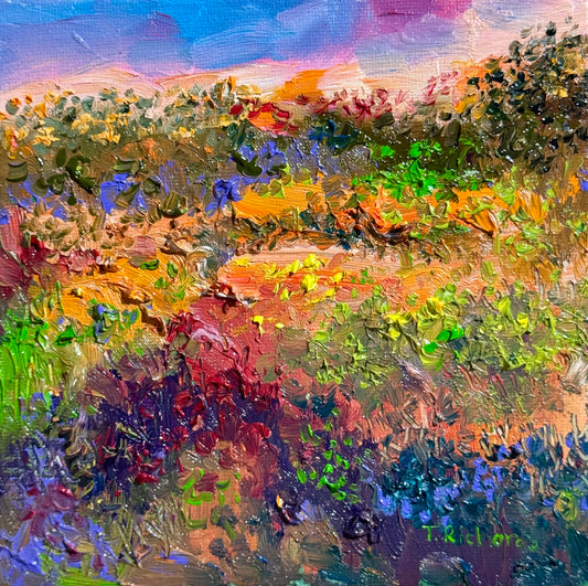 Sunset Forest Oil Painting, Original Art 6x6, Wildflower Field Landscape Panel, Moody Sky Wall Art, Small Nature Gift