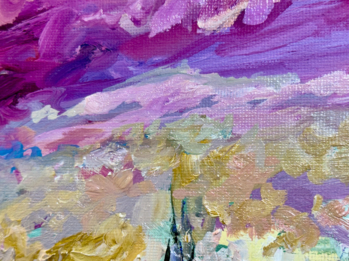 Purple Sunset Wildflower Field, 8x10" Original Art Oil Painting, Landscape Meadow