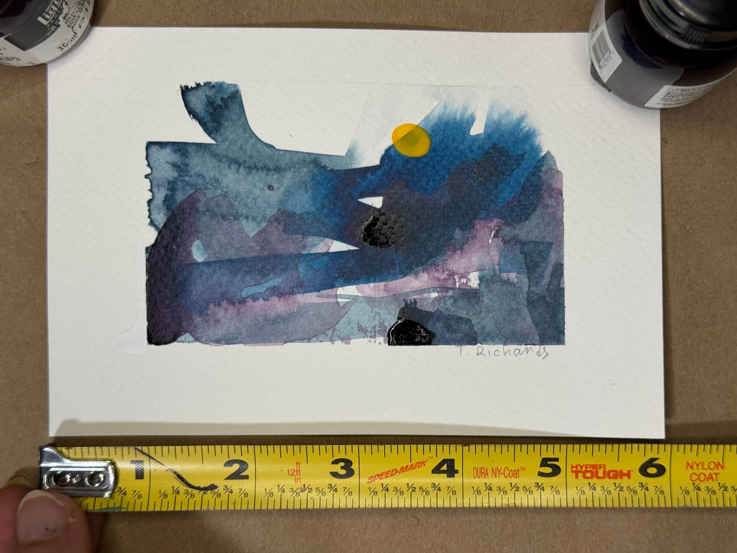 Blue Hour Abstract Painting Original Art Night Landscape, Acrylic on Paper 4x6”
