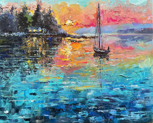 Sailboat oil painting 16x20 ORIGINAL art, Landscape Ocean Seascape Sunset Maine, Coastal Marine Nautical