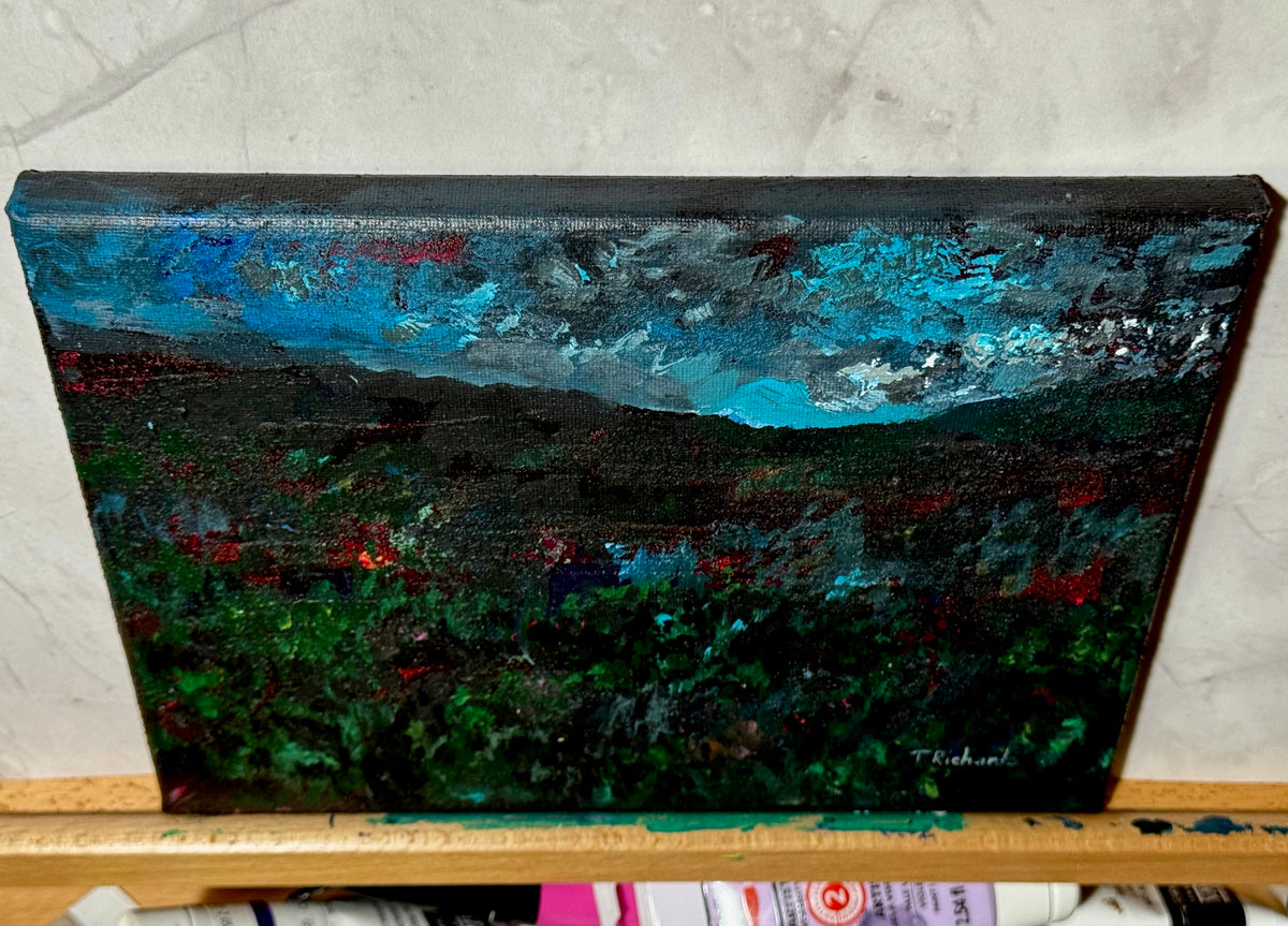 Blue Hour Acrylic Painting 8x10", Original Art Wildflower Night Field Landscape