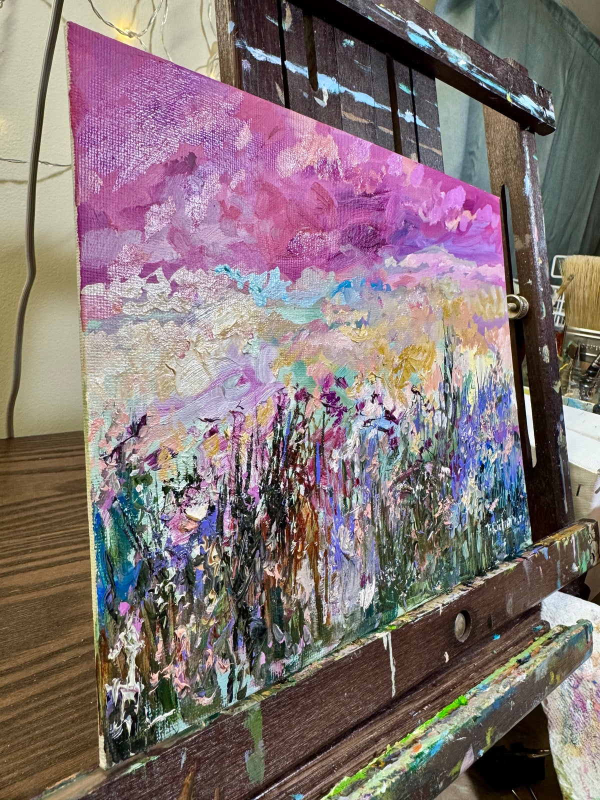 Purple Sunset Wildflower Field, 8x10" Original Art Oil Painting, Landscape Meadow