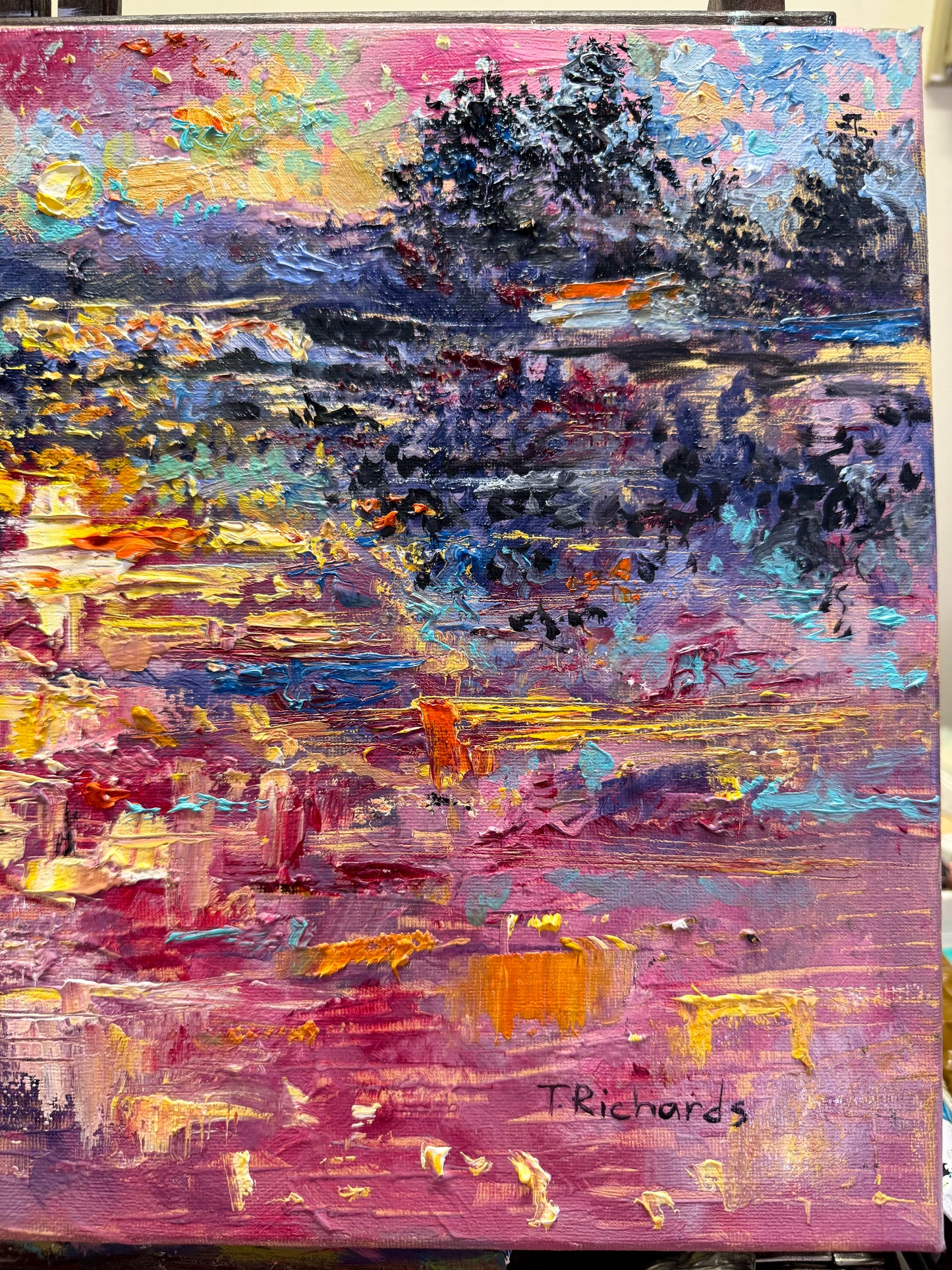 Red Sunset Original Art Oil Painting 12x16, Lake Seascape, Pine Tree Landscape Reflection Artwork