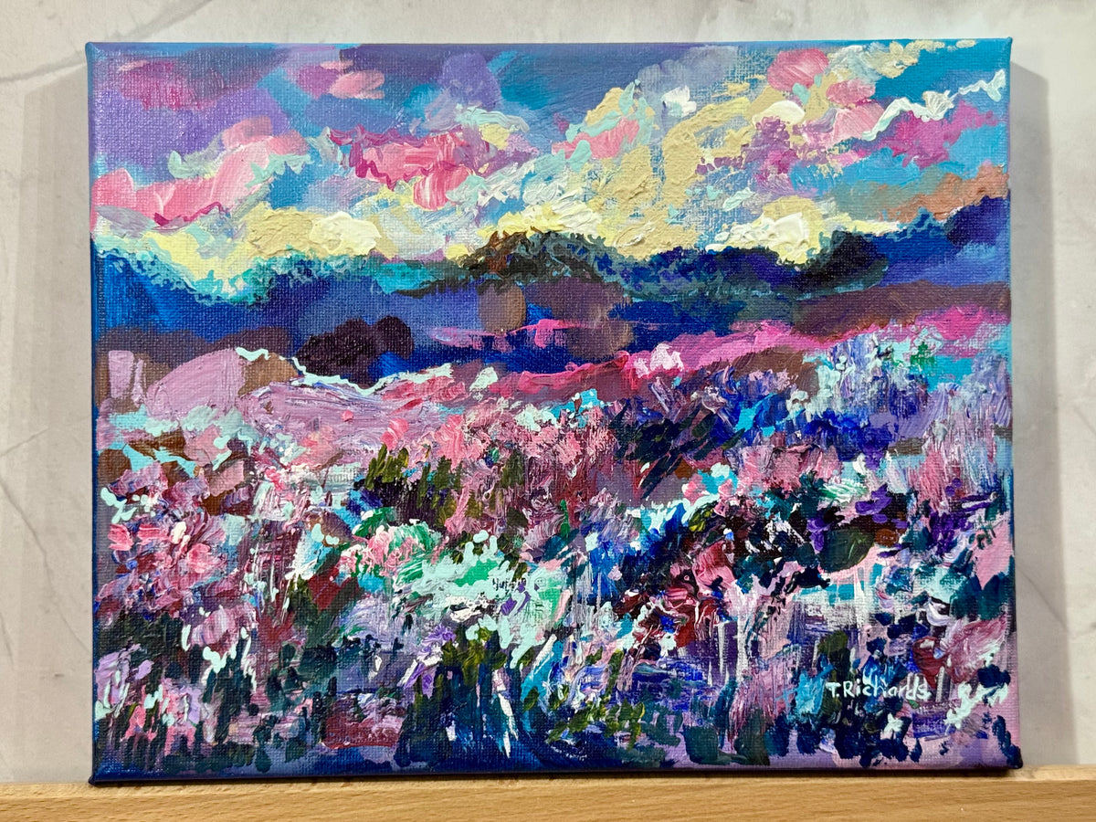 Blue Hour Acrylic Painting 8x10", Original Art Wildflower Evening Field Landscape