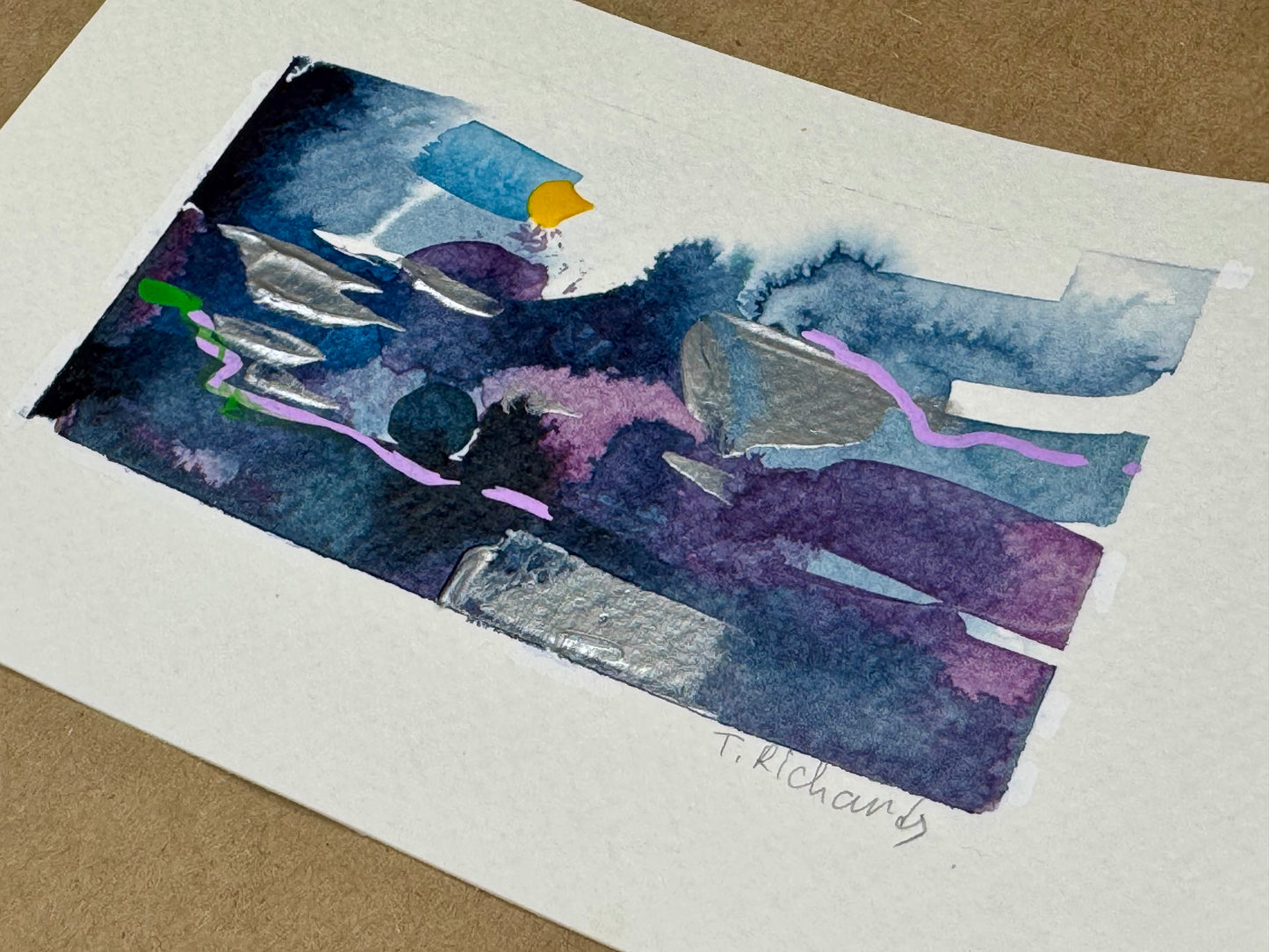 Blue Hour Abstract Painting Original Art Night Landscape, Acrylic on Paper 4x6”