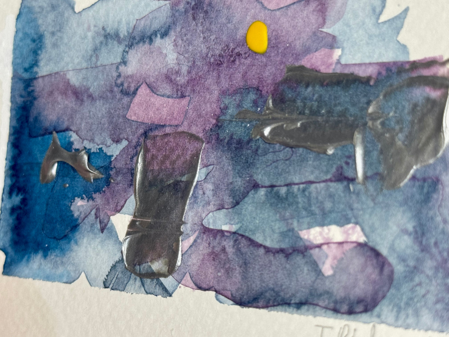 Blue Hour Abstract Painting Original Art Night Landscape, Acrylic on Paper 3.5x5”