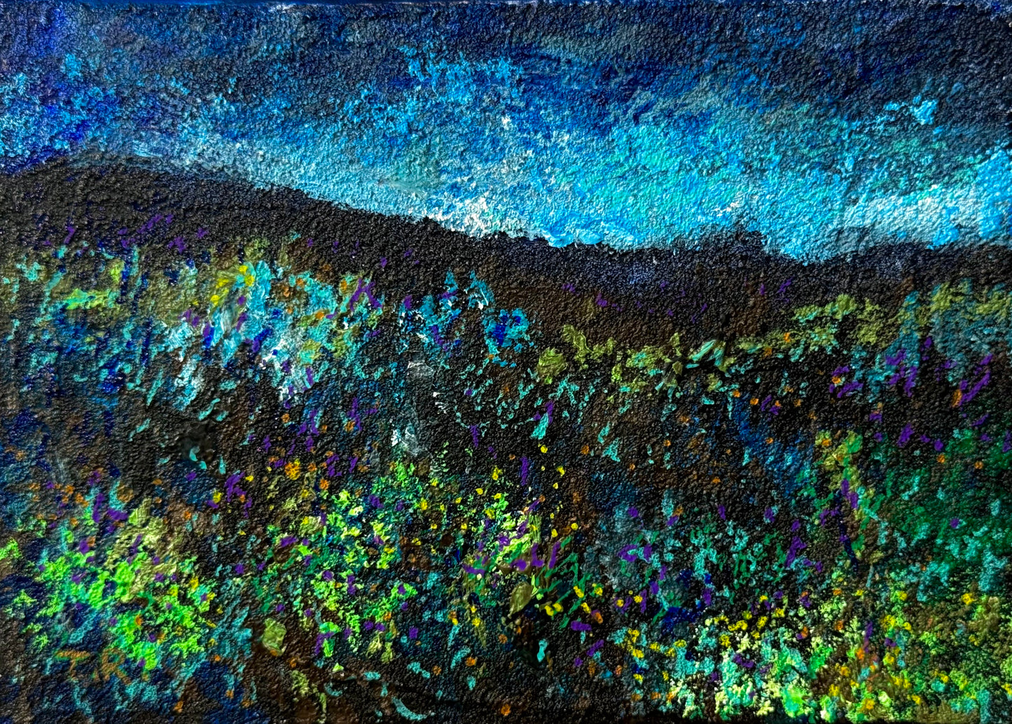 Blue Hour Acrylic Painting 5x7", Original Art Wildflower Night Field Prairie Landscape Wall Art