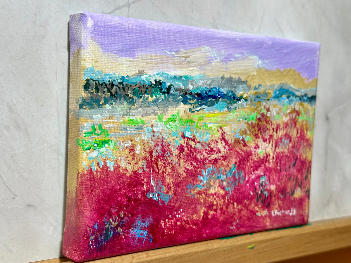 Blueberry Field Acrylic Painting 5x7", Maine Original Art, Landscape Wall Art