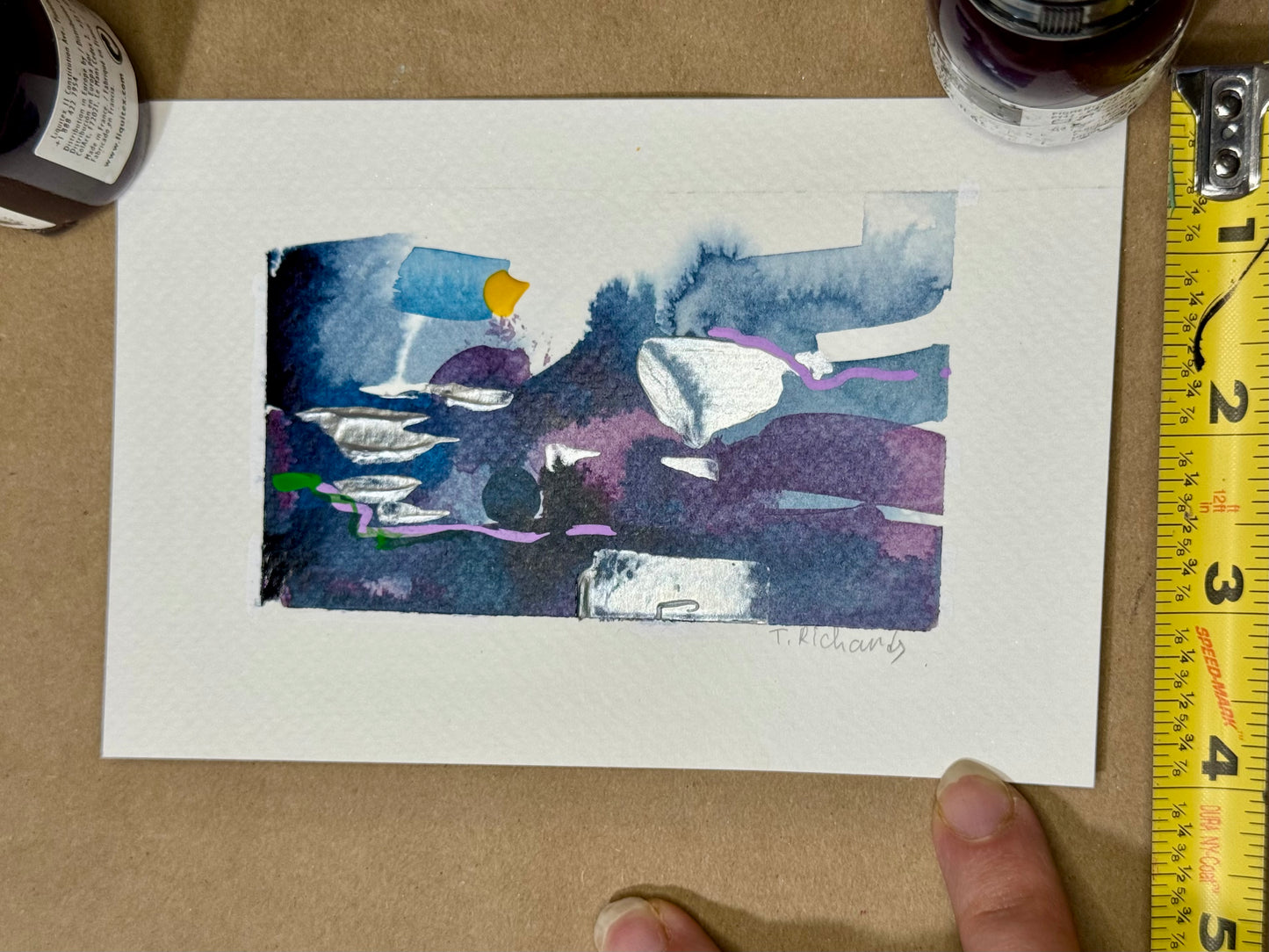 Blue Hour Abstract Painting Original Art Night Landscape, Acrylic on Paper 4x6”