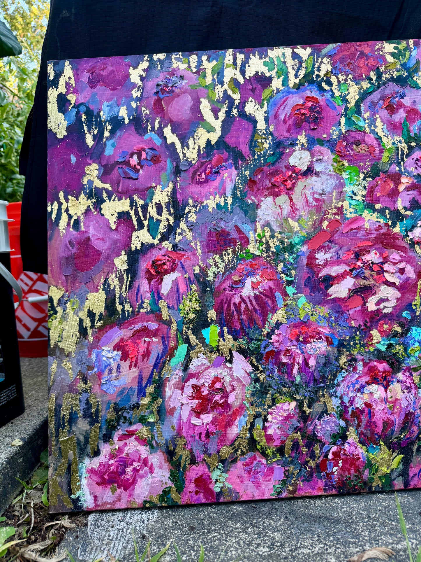 Peonies Original Art Oil Painting 24x36, Gold Leaf Floral Wall Art, Large Flowers Botanical Canvas Artwork