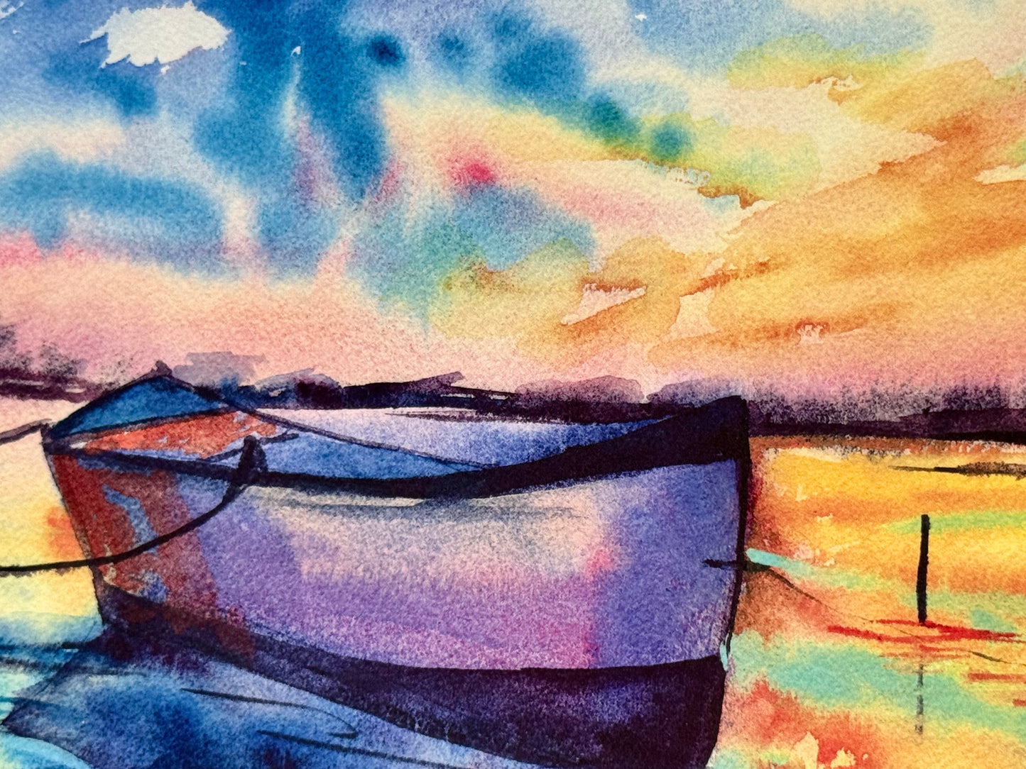 Boat Sunset Archival PRINT Signed, Coastal Landscape Wall Art, Nautical Decor, Ocean Sunset, Archival Ink on Fine Art Paper