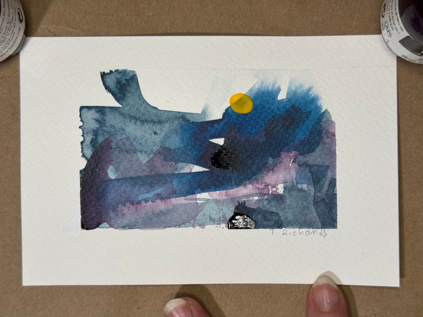 Blue Hour Abstract Painting Original Art Night Landscape, Acrylic on Paper 4x6”