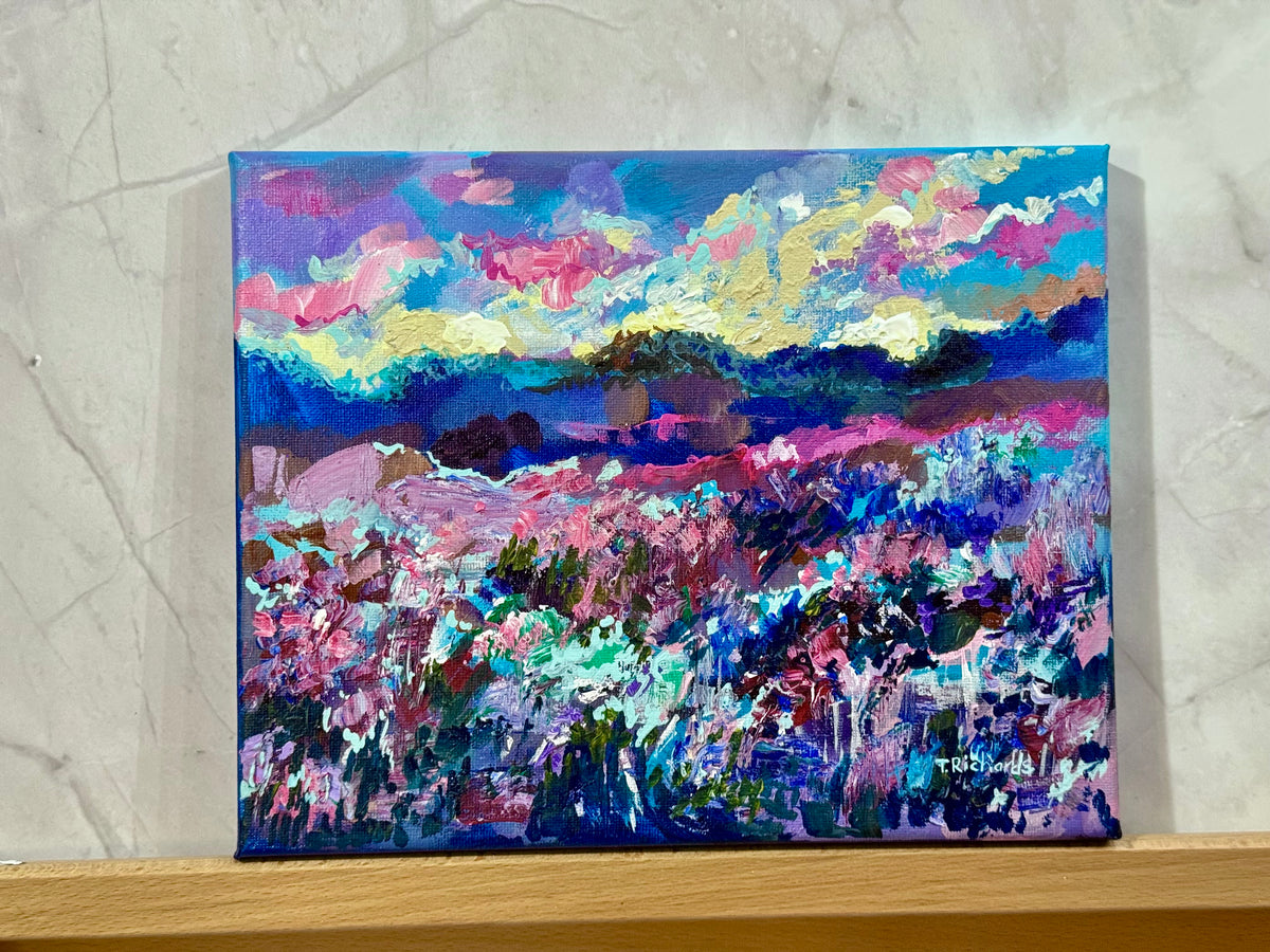 Blue Hour Acrylic Painting 8x10", Original Art Wildflower Evening Field Landscape