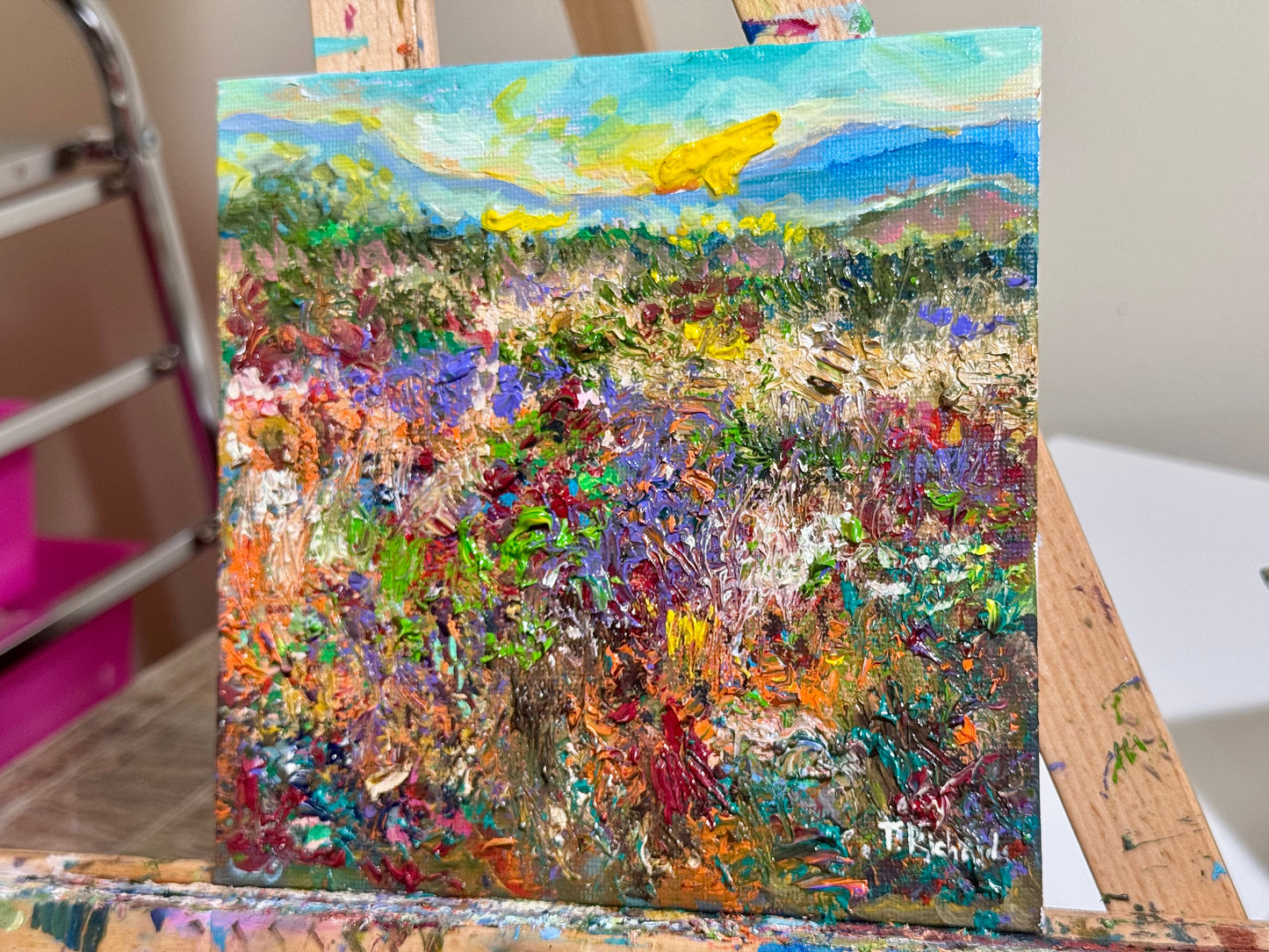 Sunrise Oil Painting 6x6, Original Wildflower Field Panel, Blue Mountain Landscape Art, Moody Sky Wall Decor, Small Nature Gift