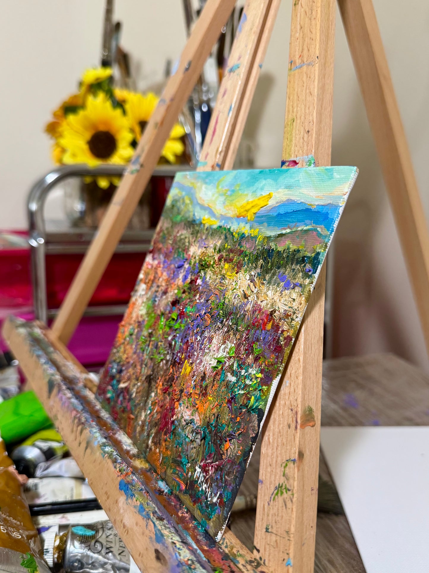 Sunrise Oil Painting 6x6, Original Wildflower Field Panel, Blue Mountain Landscape Art, Moody Sky Wall Decor, Small Nature Gift