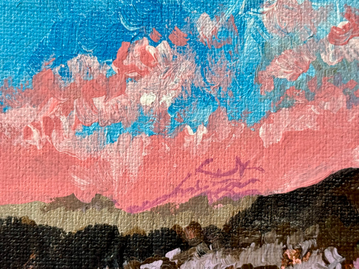 Pink Sunset Acrylic Painting 6x6, Original Art Landscape, Flower Field Wall Art, Meadow Artwork