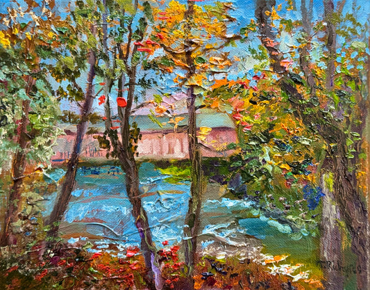 Lowes Bridge Maine Oil Painting 8x10, Original Art Landscape, Piscataquis River Forest, Stretched Canvas Wall Art