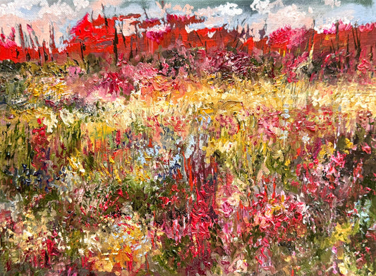 Fall in Maine Oil Painting 9x12", New England Landscape, Red Trees Forest and Wildflower Field, Stretched Canvas Wall Art