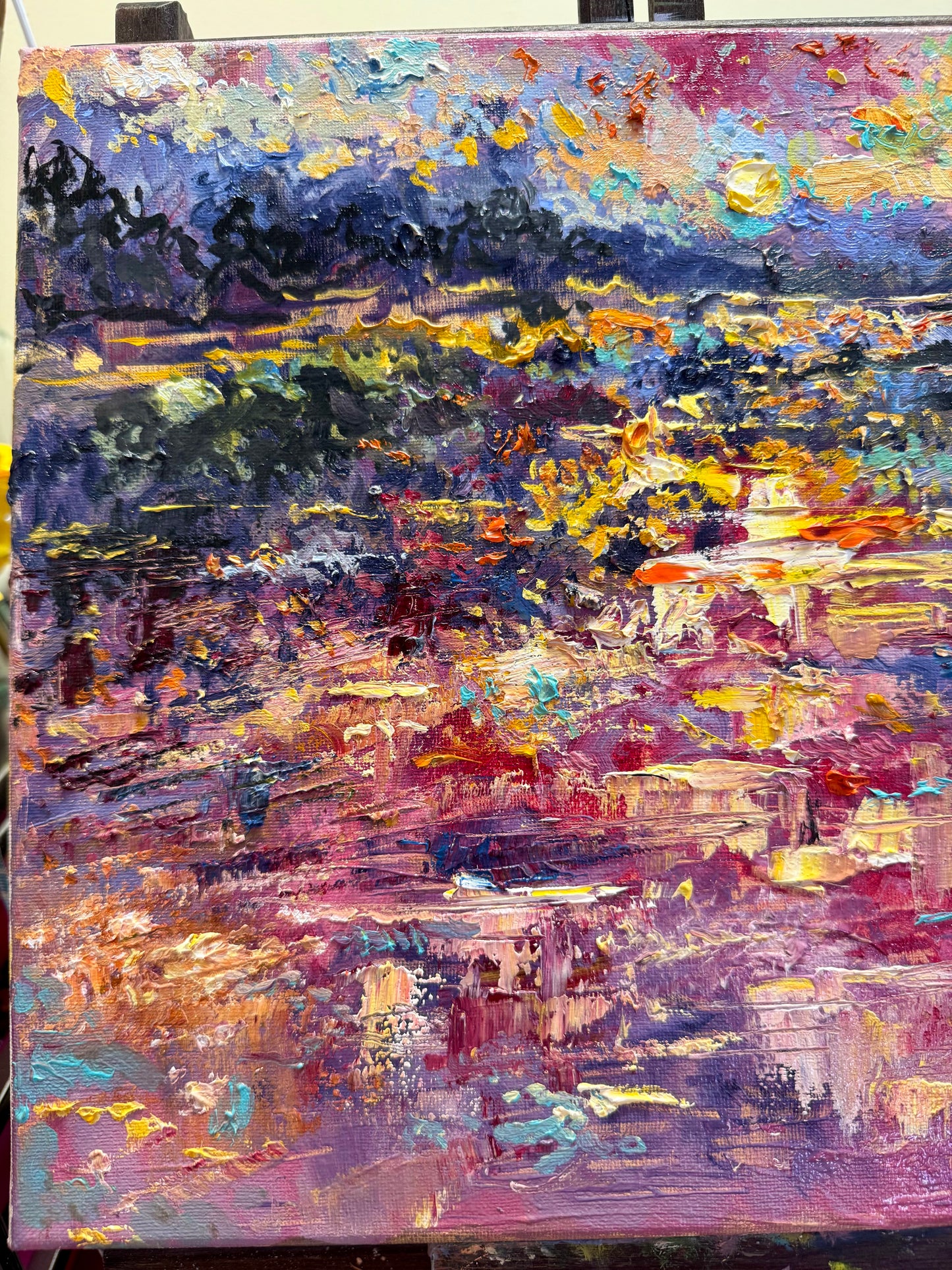 Red Sunset Original Art Oil Painting 12x16, Lake Seascape, Pine Tree Landscape Reflection Artwork