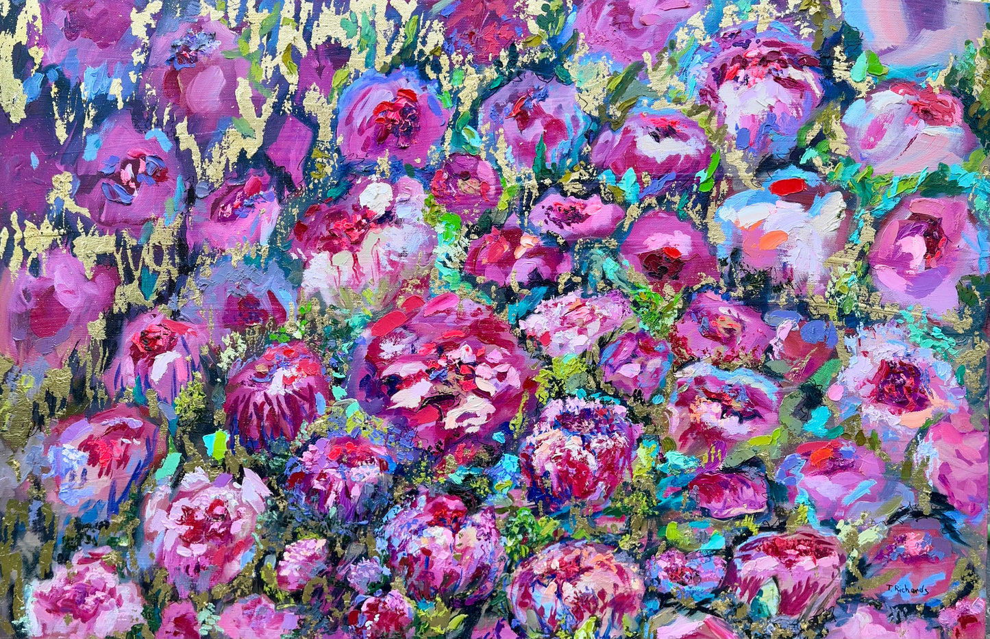 Peonies Original Art Oil Painting 24x36, Gold Leaf Floral Wall Art, Large Flowers Botanical Canvas Artwork