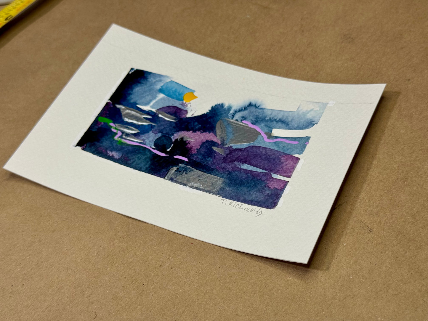 Blue Hour Abstract Painting Original Art Night Landscape, Acrylic on Paper 4x6”