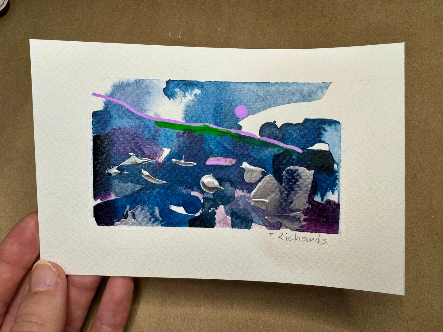 Blue Hour Abstract Painting Original Art Landscape, Acrylic on Paper 4x6”