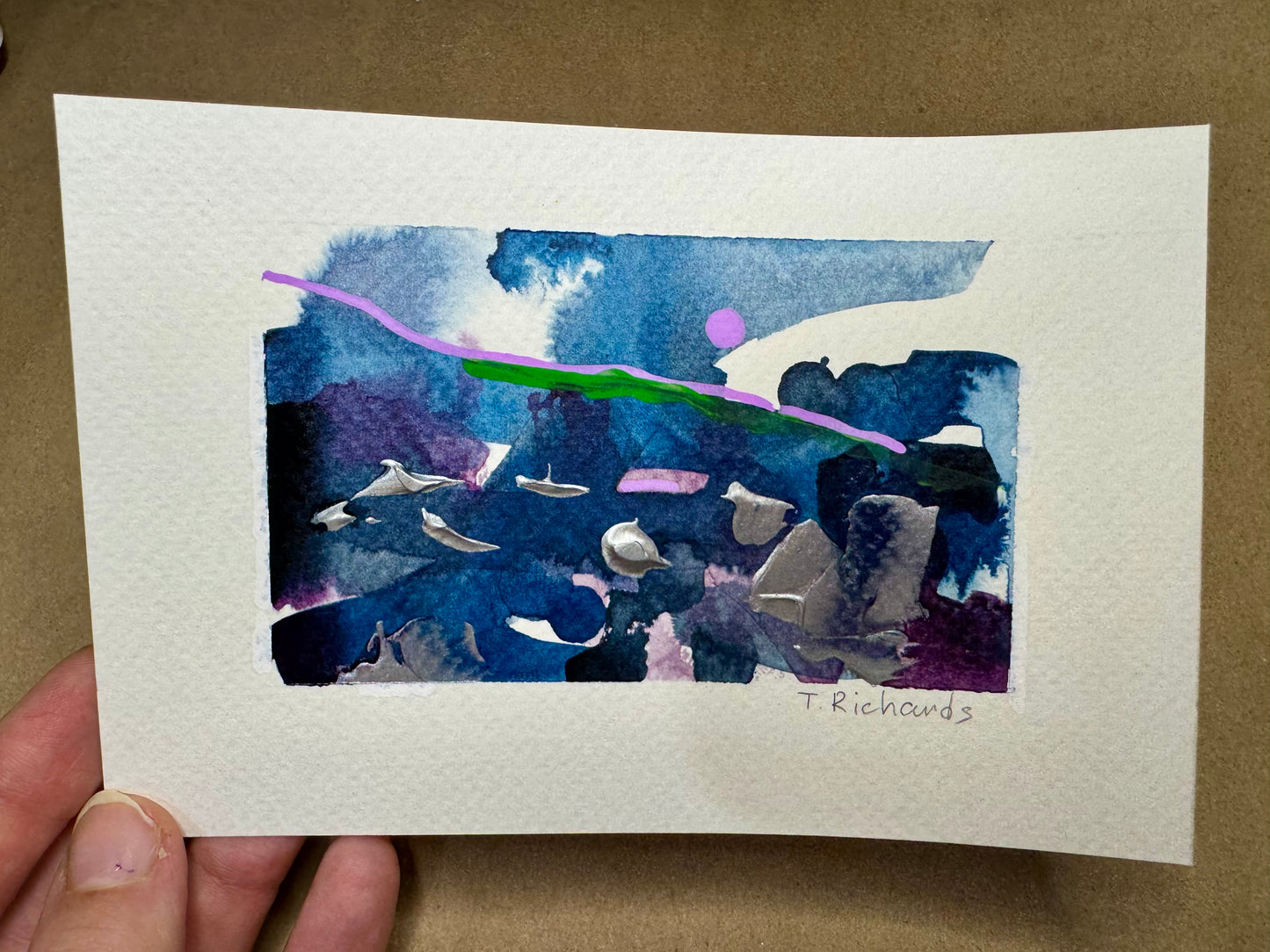 Blue Hour Abstract Painting Original Art Landscape, Acrylic on Paper 4x6”