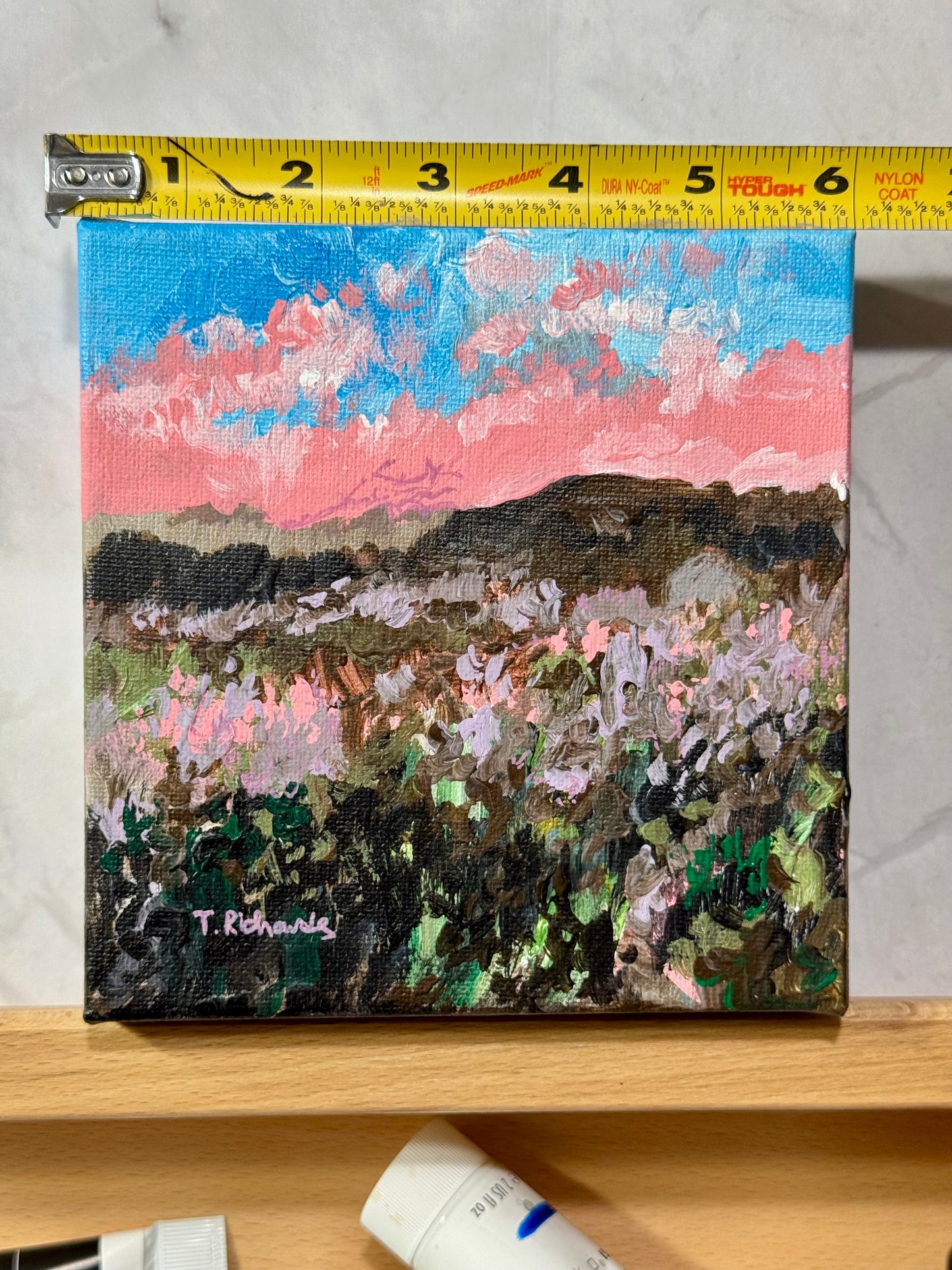 Pink Sunset Acrylic Painting 6x6, Original Art Landscape, Flower Field Wall Art, Meadow Artwork