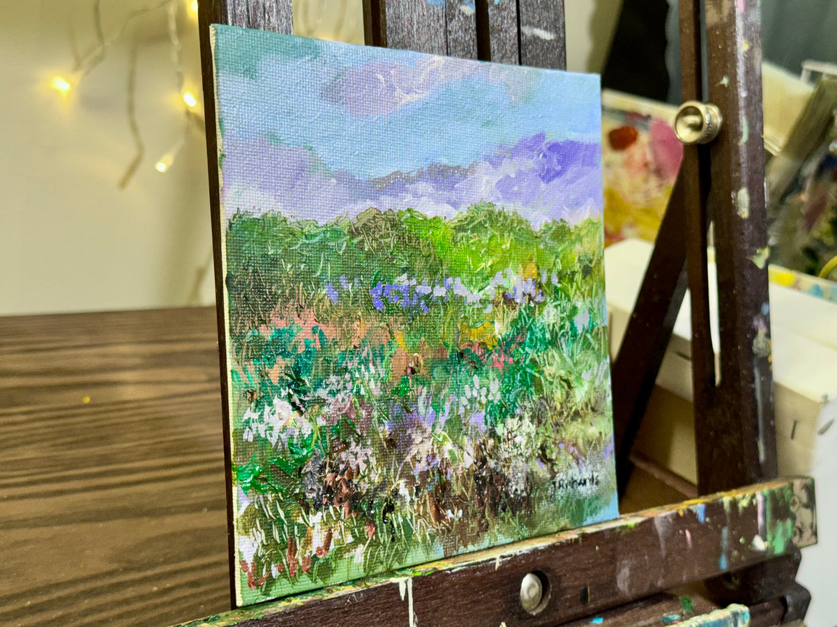 Meadow Oil Painting 6x6", Original Art Landscape, Mountain Field Artwork