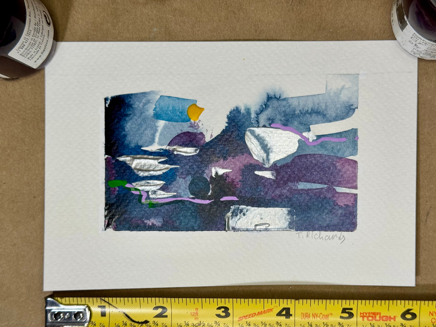 Blue Hour Abstract Painting Original Art Night Landscape, Acrylic on Paper 4x6”