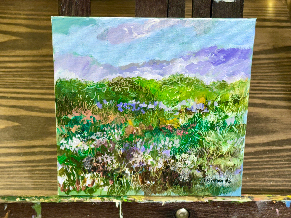 Meadow Oil Painting 6x6", Original Art Landscape, Mountain Field Artwork