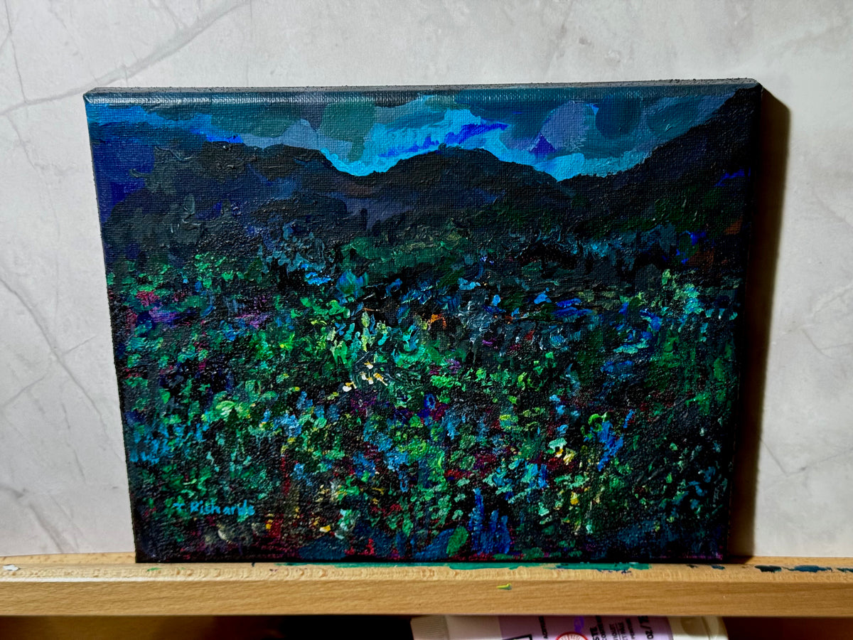 Blue Hour Acrylic Painting 8x10", Original Art Wildflower Night Field Landscape