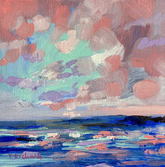 Ocean Acrylic Painting 6x6, Original Seascape Art, Sunset Nature Artwork