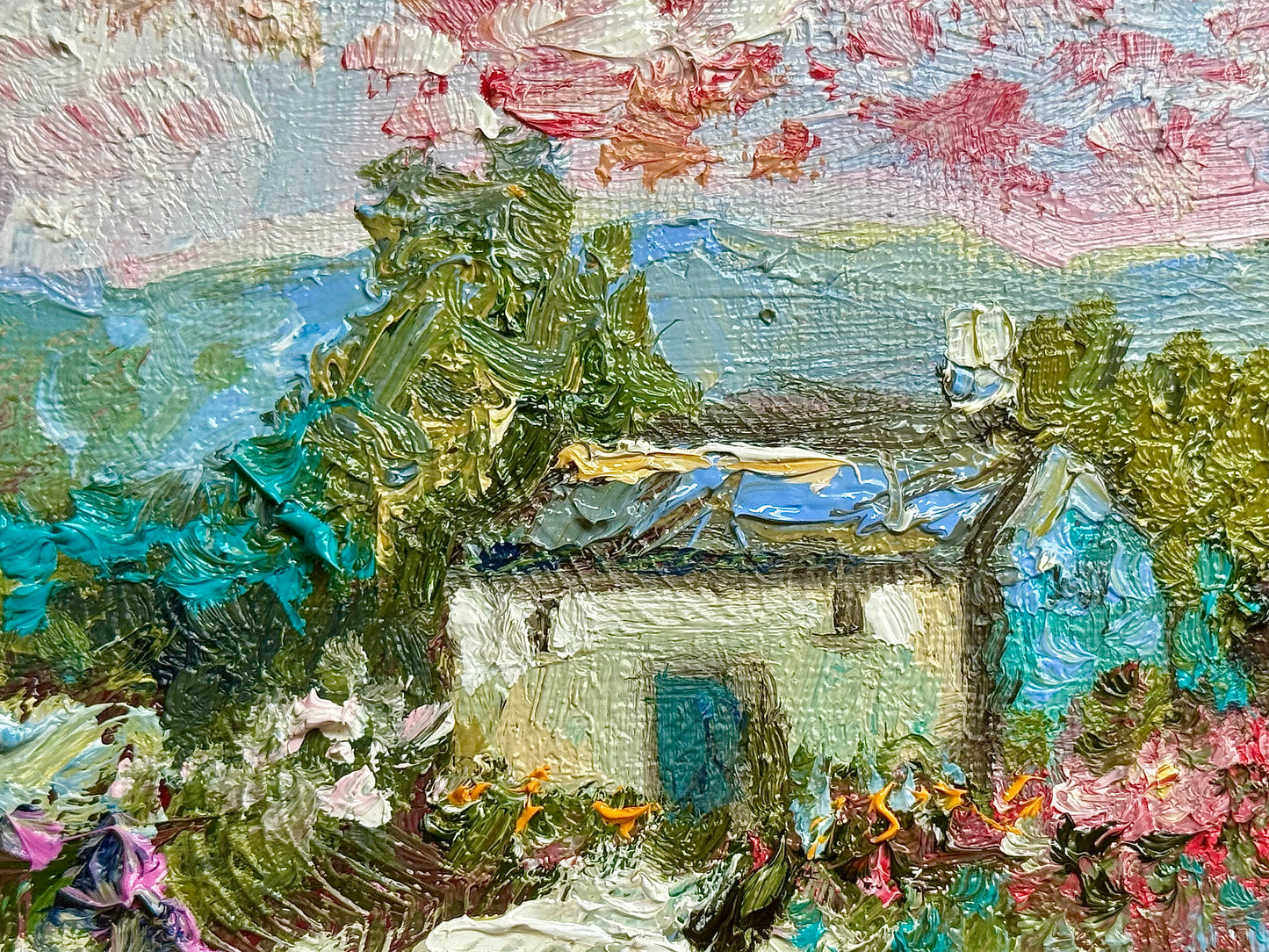 Countryside Farmhouse Oil Painting 8x8, Original Mountain Wildflower Landscape Artwork, Rustic Country Home Wall Art