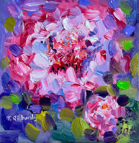 Original Oil Painting 6x6” — Pink Peony and Bud Floral Wall Art Small Flower Still Life Botanical Artwork Canvas Panel Gift for Her